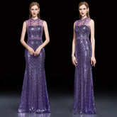 Purple detachable train gown sleeveless sequin beaded evening gown - FashionByTeresa